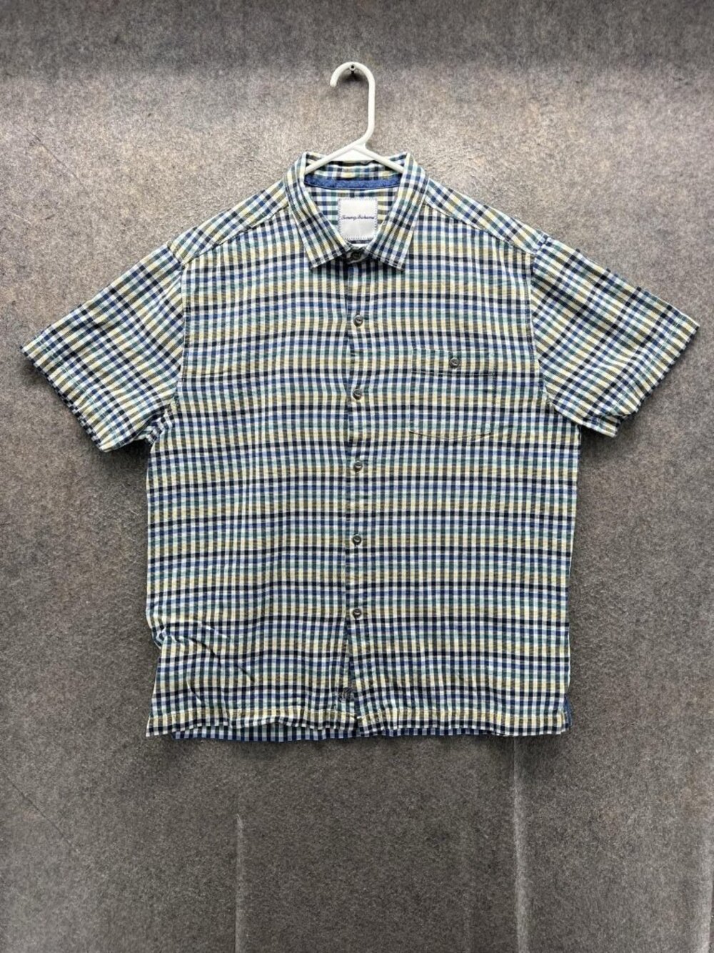 Tommy Bahama Shirt Men XL Blue Check Short Sleeve Button Up Cotton Pocket Casual